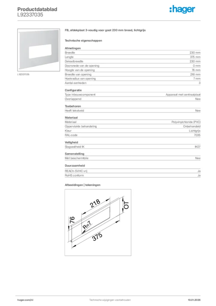 Afbeelding Hager Productdatablad L92337035 | Hager Nederland