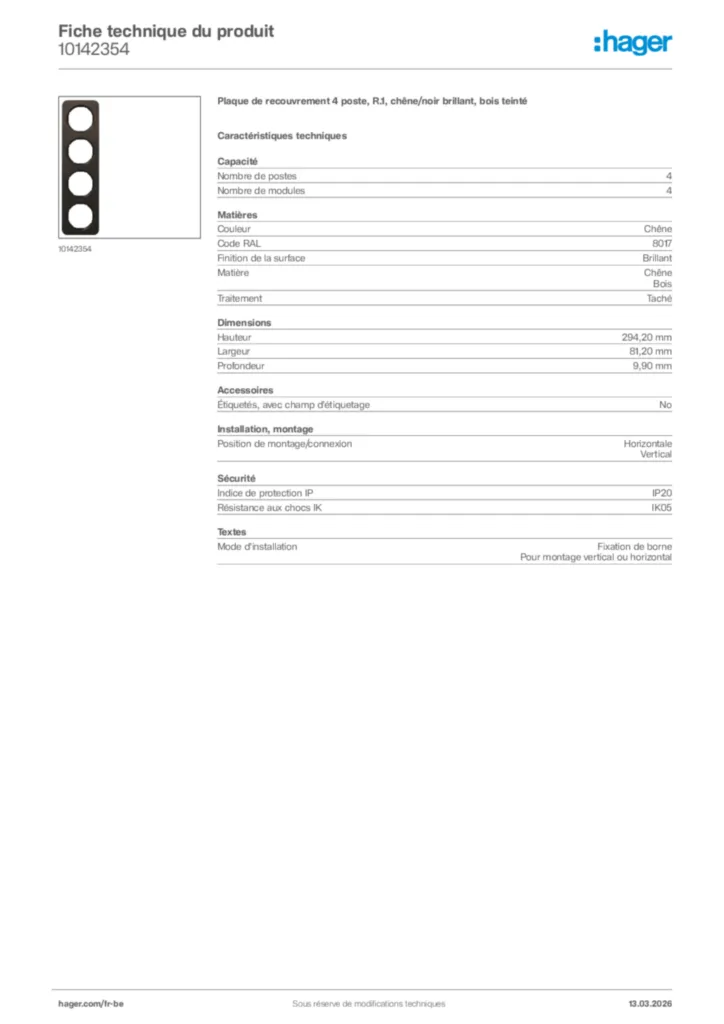 Image Hager Fiche technique du produit 10142354 | Hager Belgique