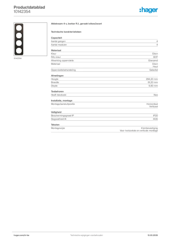 Afbeelding Hager Productdatablad 10142354 | Hager Belgium
