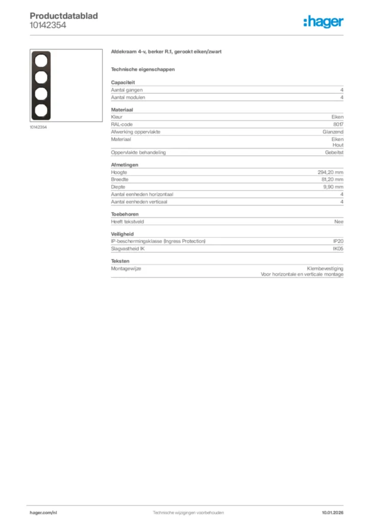 Afbeelding Hager Productdatablad 10142354 | Hager Nederland