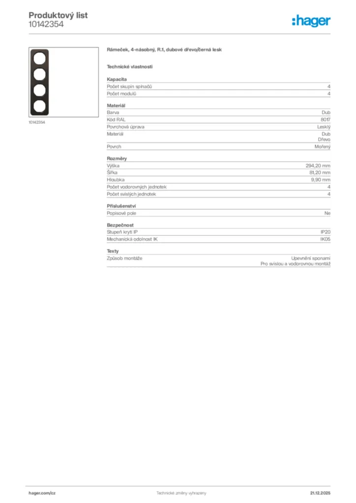 Obrázek Hager Produktový list 10142354 | Hager