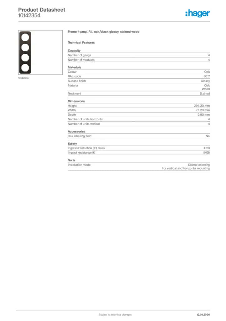 Image Hager Product data sheet 10142354  | Hager