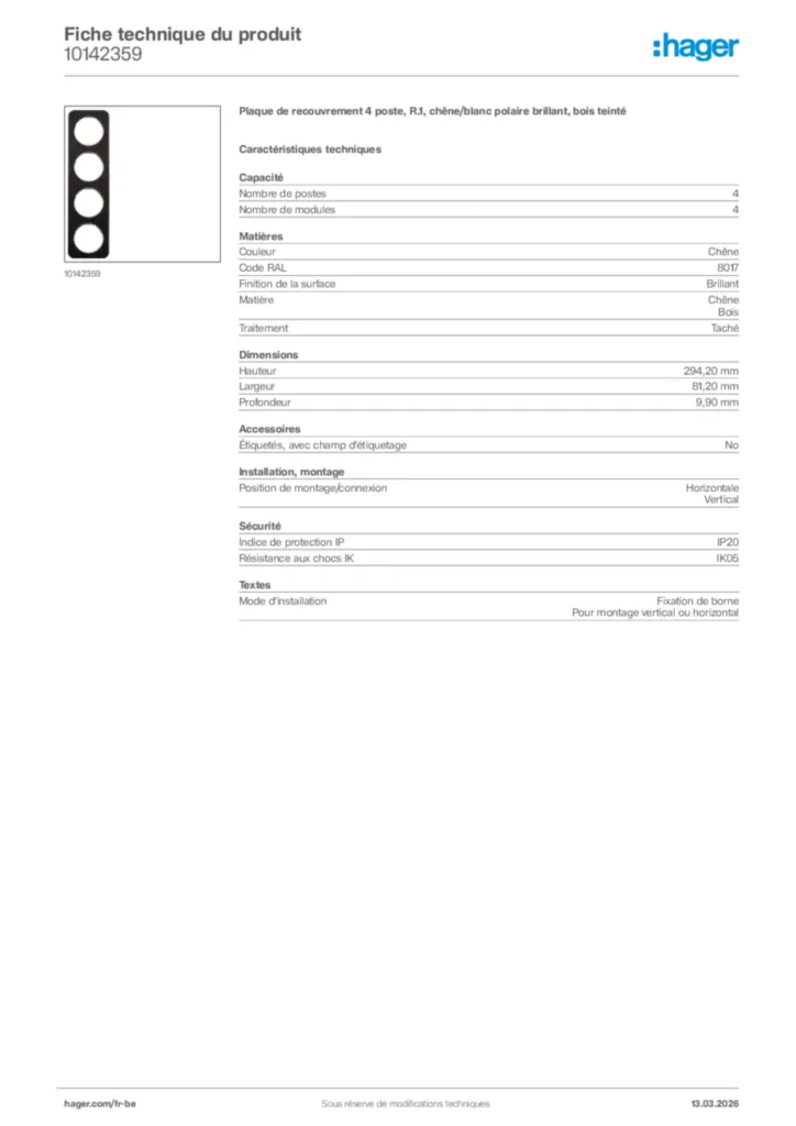 Image Hager Fiche technique du produit 10142359 | Hager Belgique