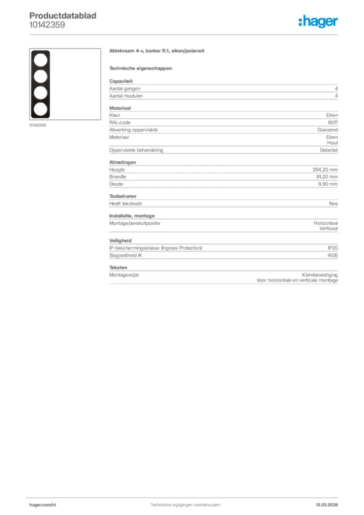 Afbeelding Hager Productdatablad 10142359 | Hager Nederland