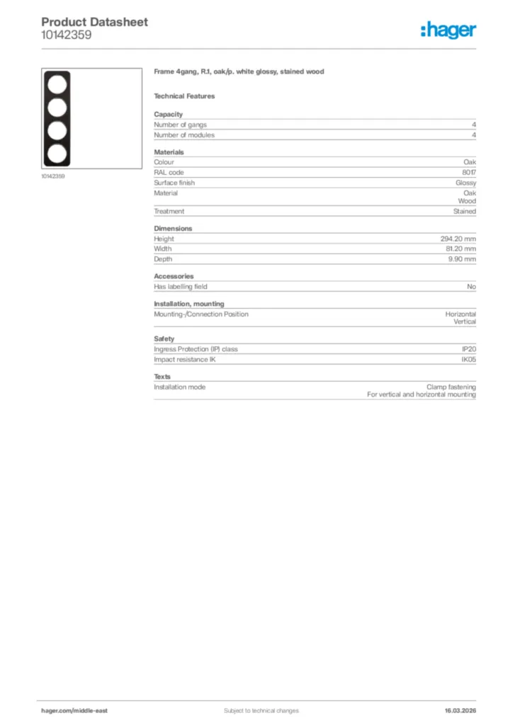Image Hager Product data sheet 10142359  | Hager