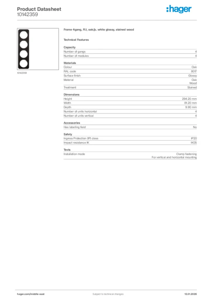 Image Hager Product data sheet 10142359  | Hager
