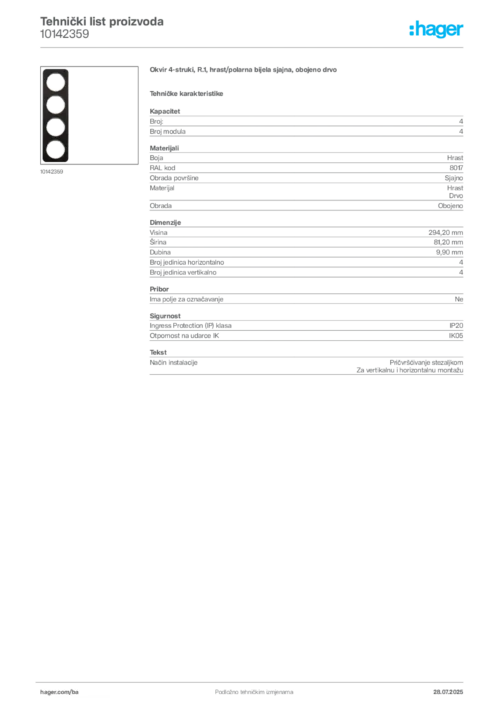 Slika Hager Product data sheet 10142359  | Hager