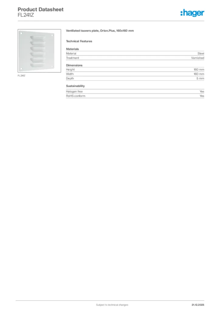 Image Hager Product data sheet FL241Z  | Hager Africa