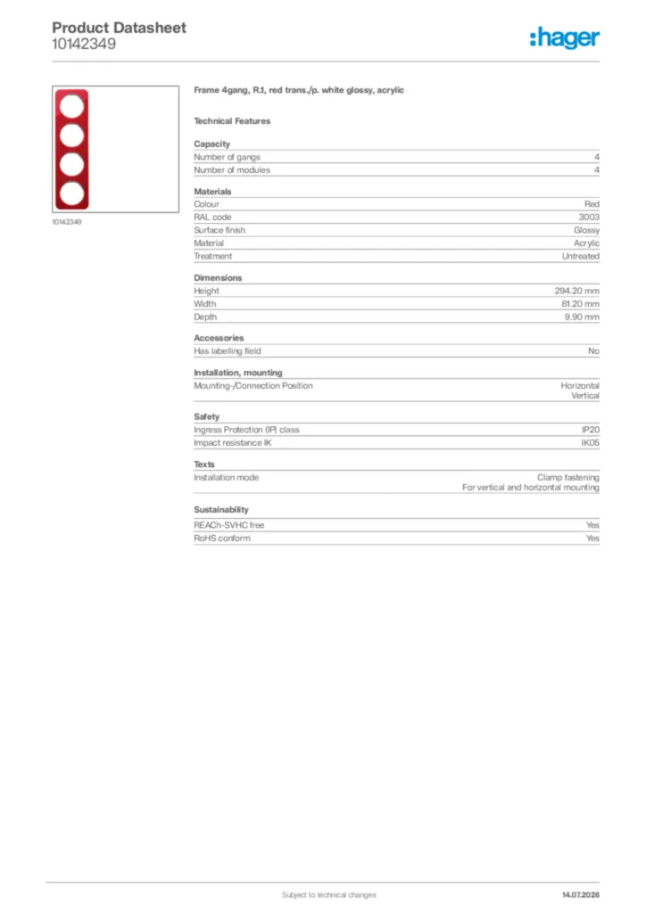 Image Hager Product data sheet 10142349  | Hager UK