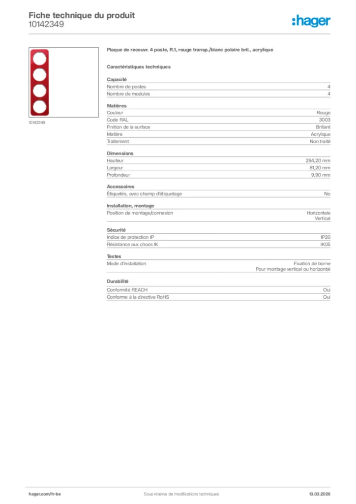 Image Hager Fiche technique du produit 10142349 | Hager Belgique
