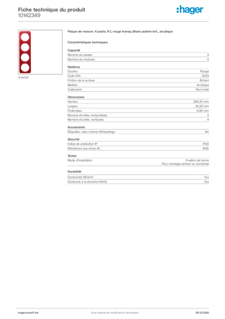 Image Hager Fiche technique du produit 10142349 | Hager Belgique