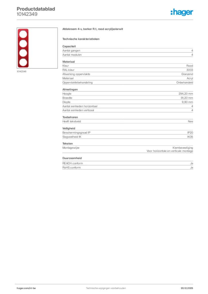 Afbeelding Hager Productdatablad 10142349 | Hager Belgium
