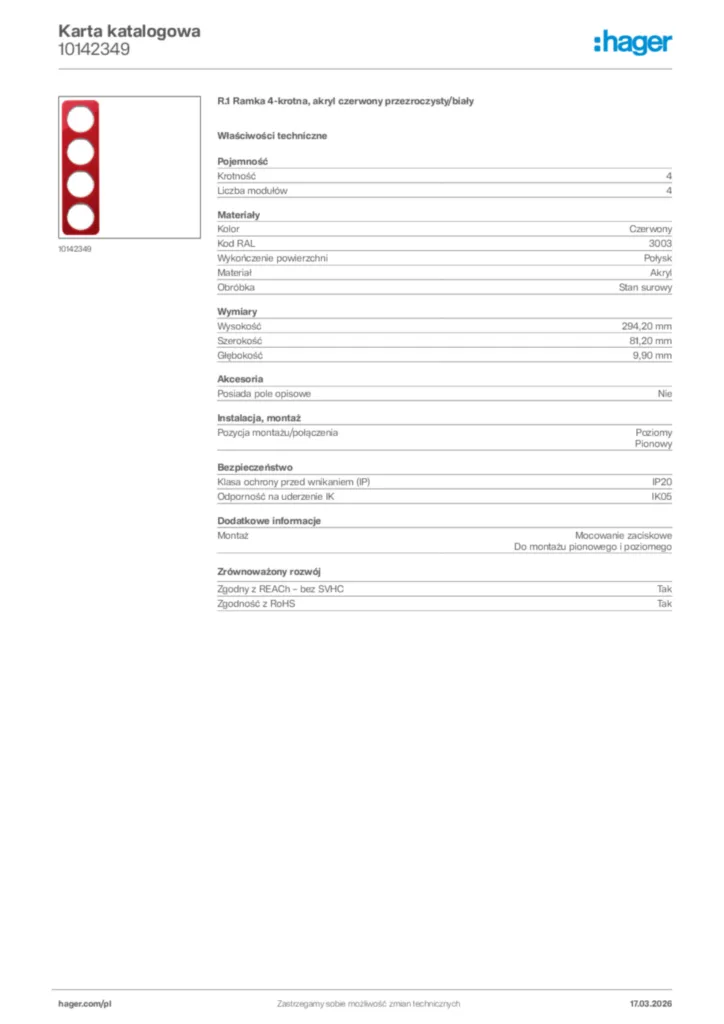 Zdjęcie Hager Karta katalogowa 10142349 | Hager Polska