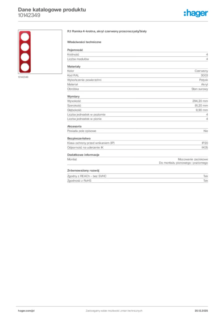 Zdjęcie Hager Dane katalogowe produktu 10142349 | Hager Polska