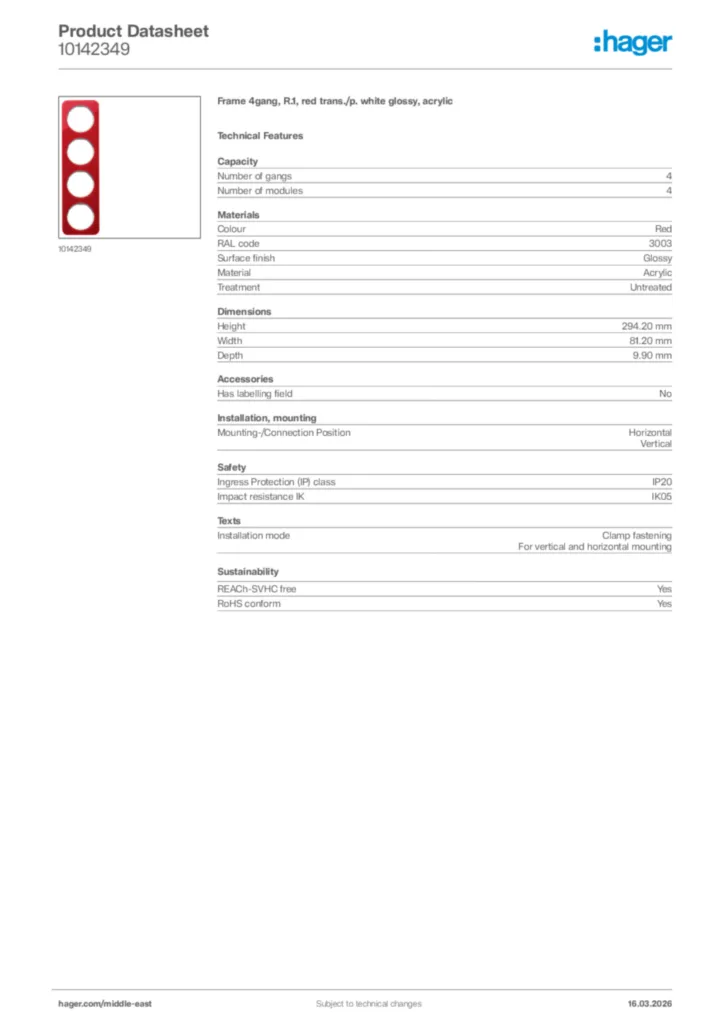 Image Hager Product data sheet 10142349  | Hager