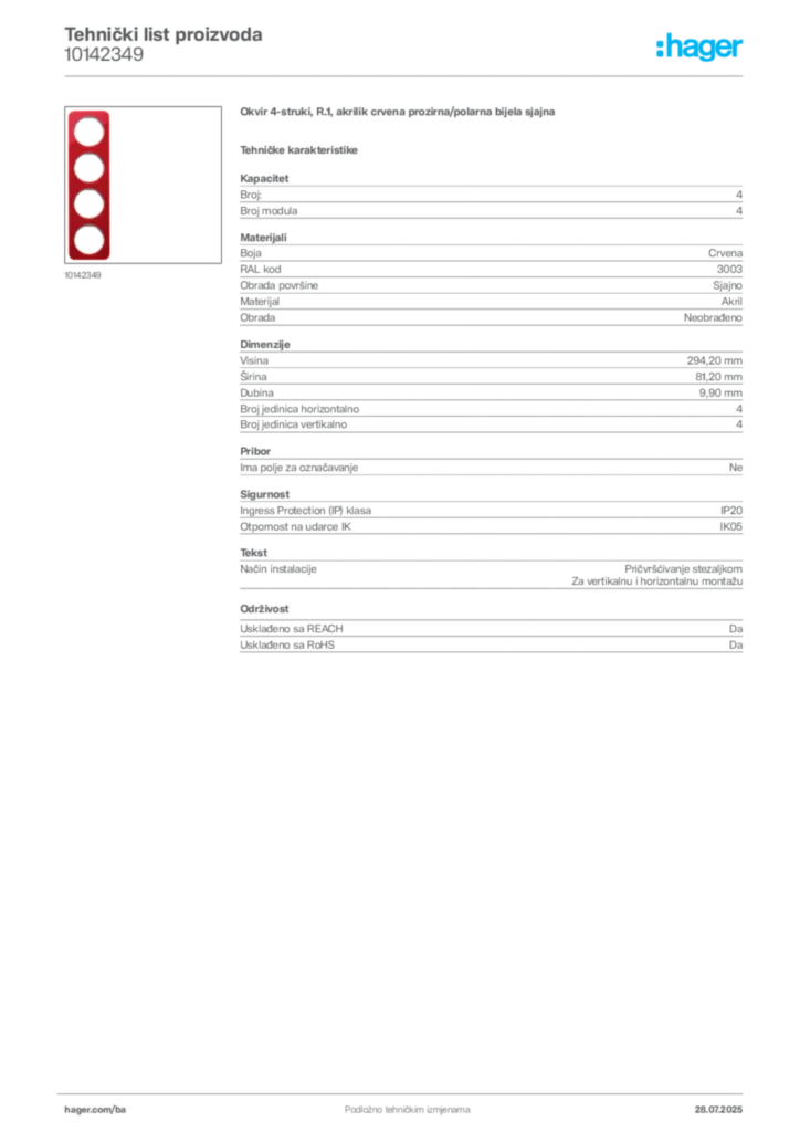 Slika Hager Product data sheet 10142349  | Hager