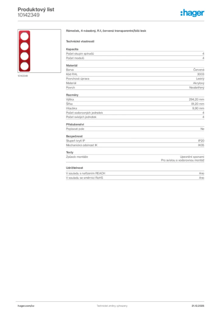 Obrázek Hager Produktový list 10142349 | Hager