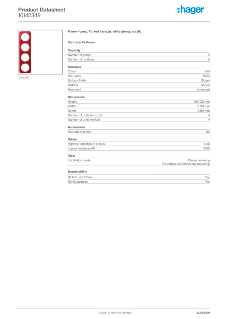 Image Hager Product data sheet 10142349  | Hager