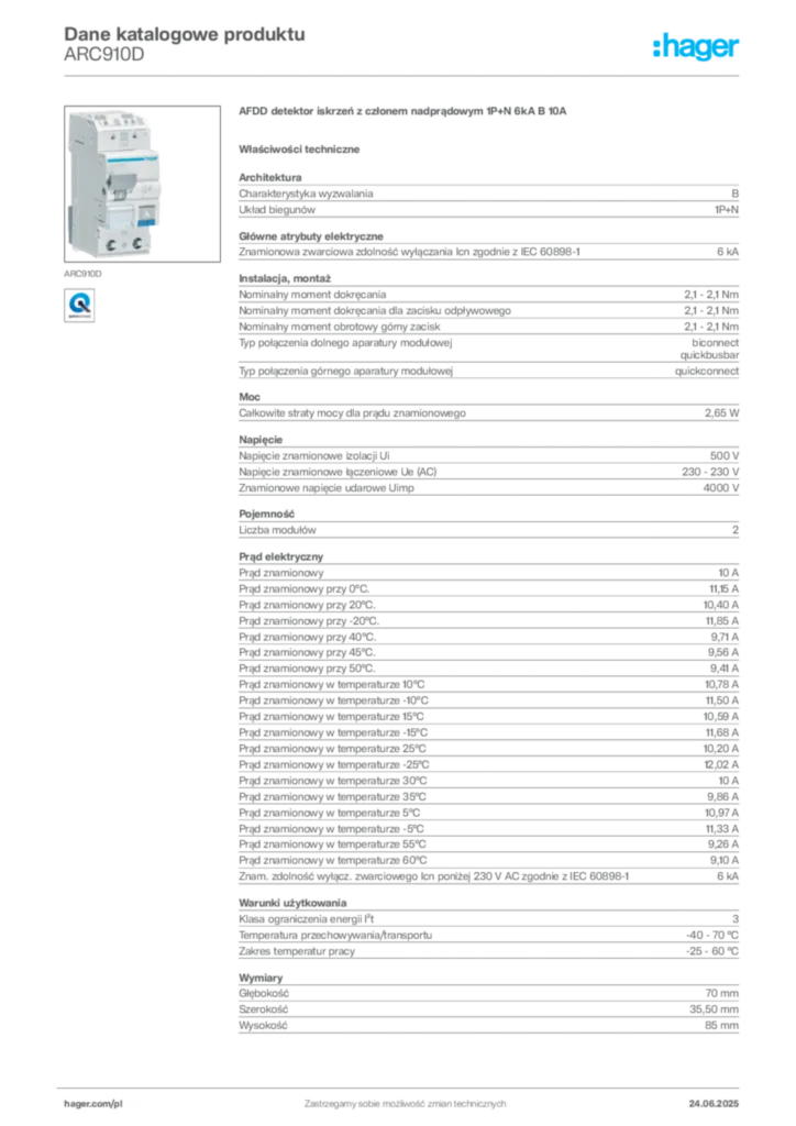 Zdjęcie Hager Dane katalogowe produktu ARC910D | Hager Polska