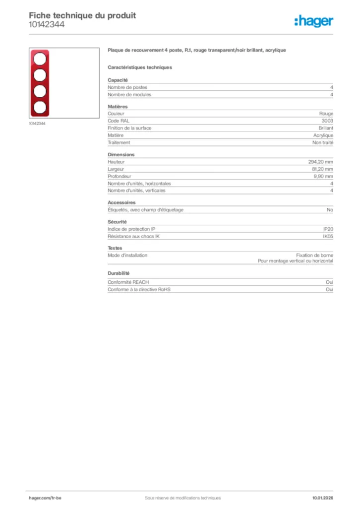 Image Hager Fiche technique du produit 10142344 | Hager Belgique