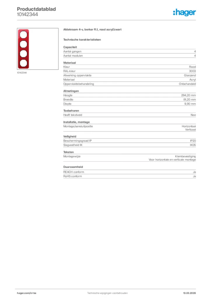 Afbeelding Hager Productdatablad 10142344 | Hager Belgium
