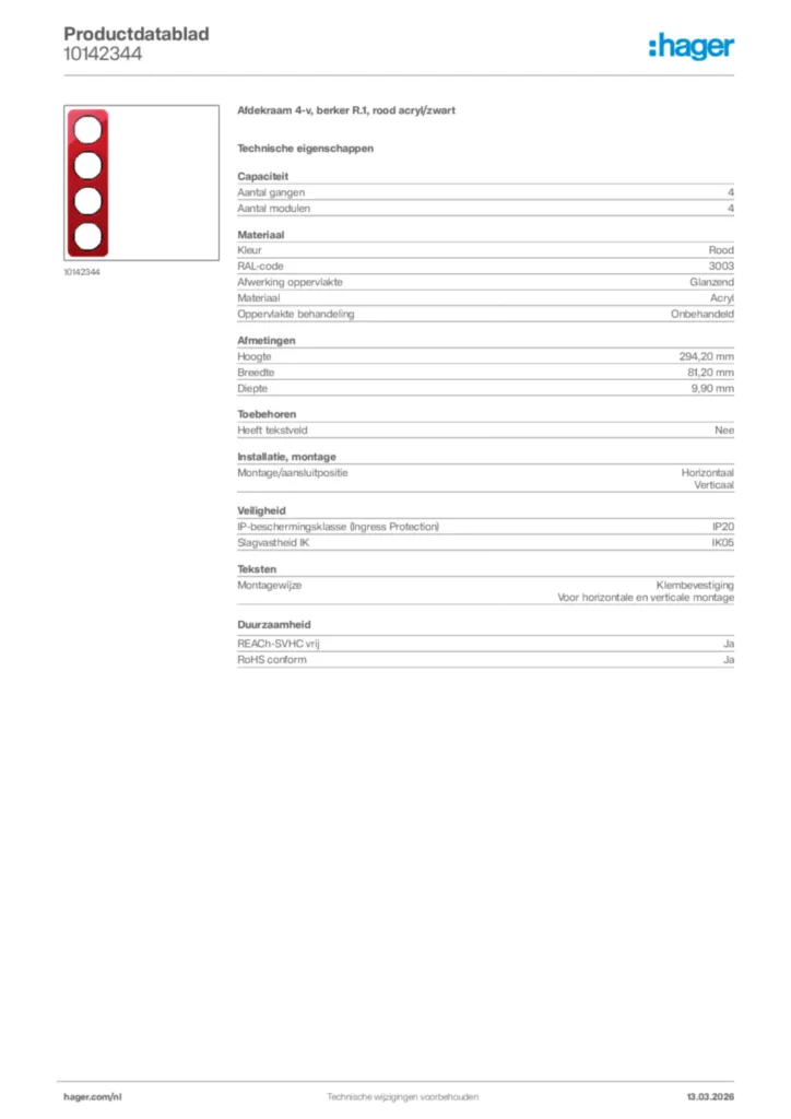 Afbeelding Hager Productdatablad 10142344 | Hager Nederland
