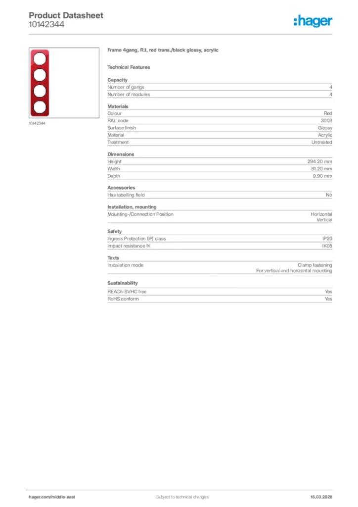 Image Hager Product data sheet 10142344  | Hager