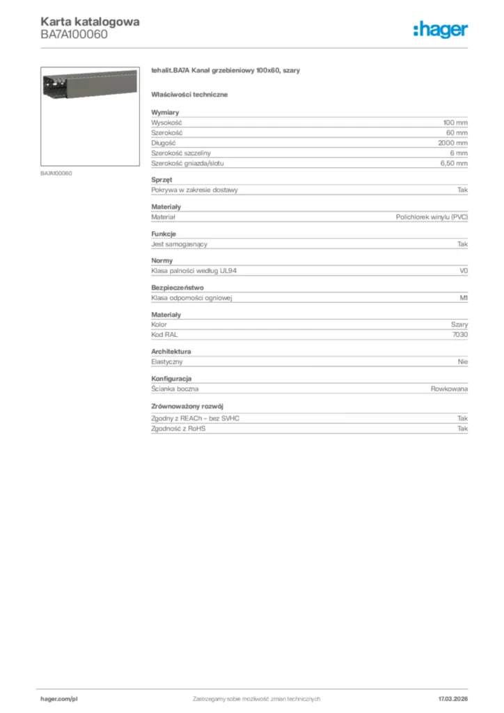 Zdjęcie Hager Karta katalogowa BA7A100060 | Hager Polska