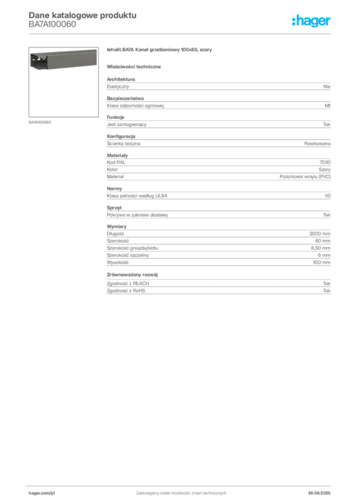 Zdjęcie Hager Dane katalogowe produktu BA7A100060 | Hager Polska