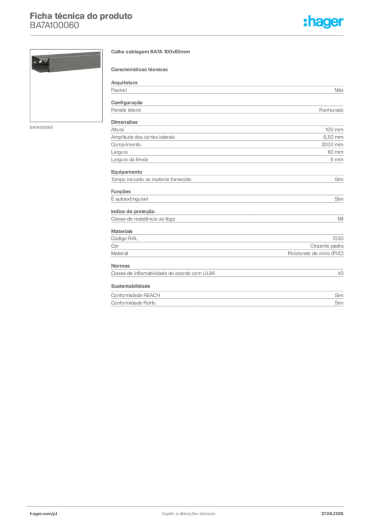 Imagem Hager Ficha técnica do produto BA7A100060 | Hager Portugal