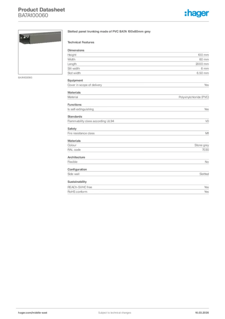 Image Hager Product data sheet BA7A100060  | Hager