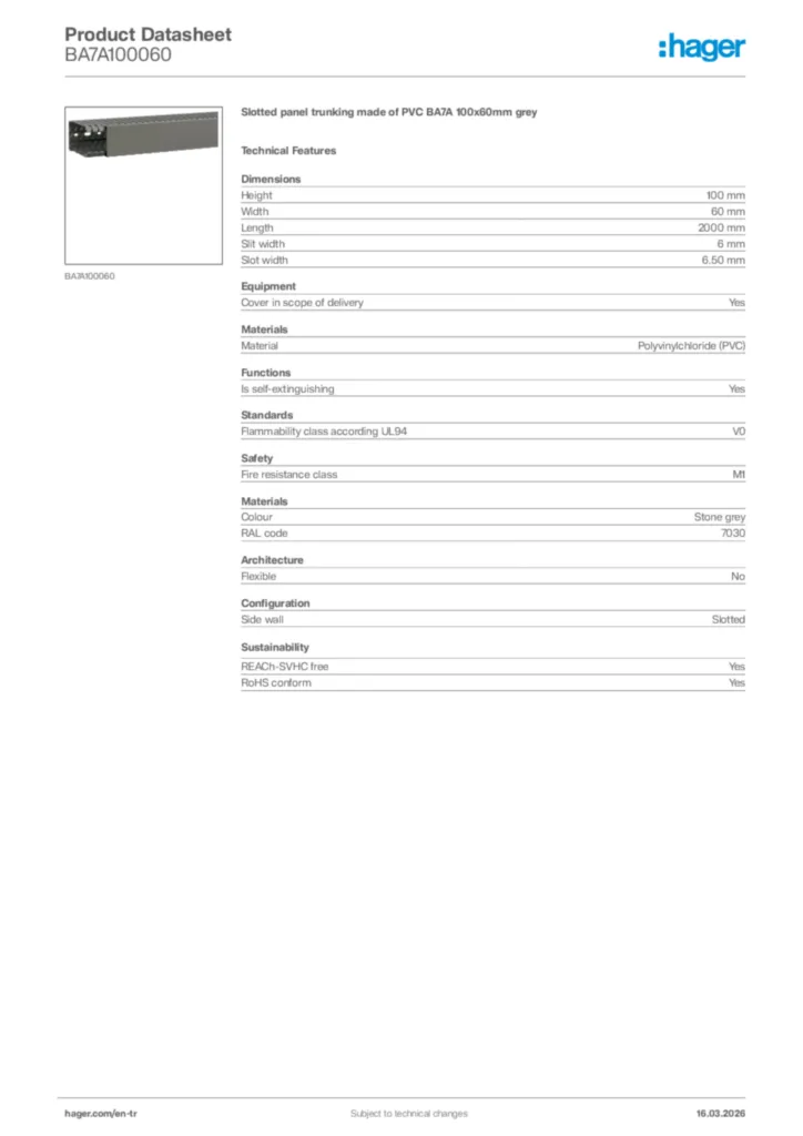 Image Hager Product data sheet BA7A100060  | Hager