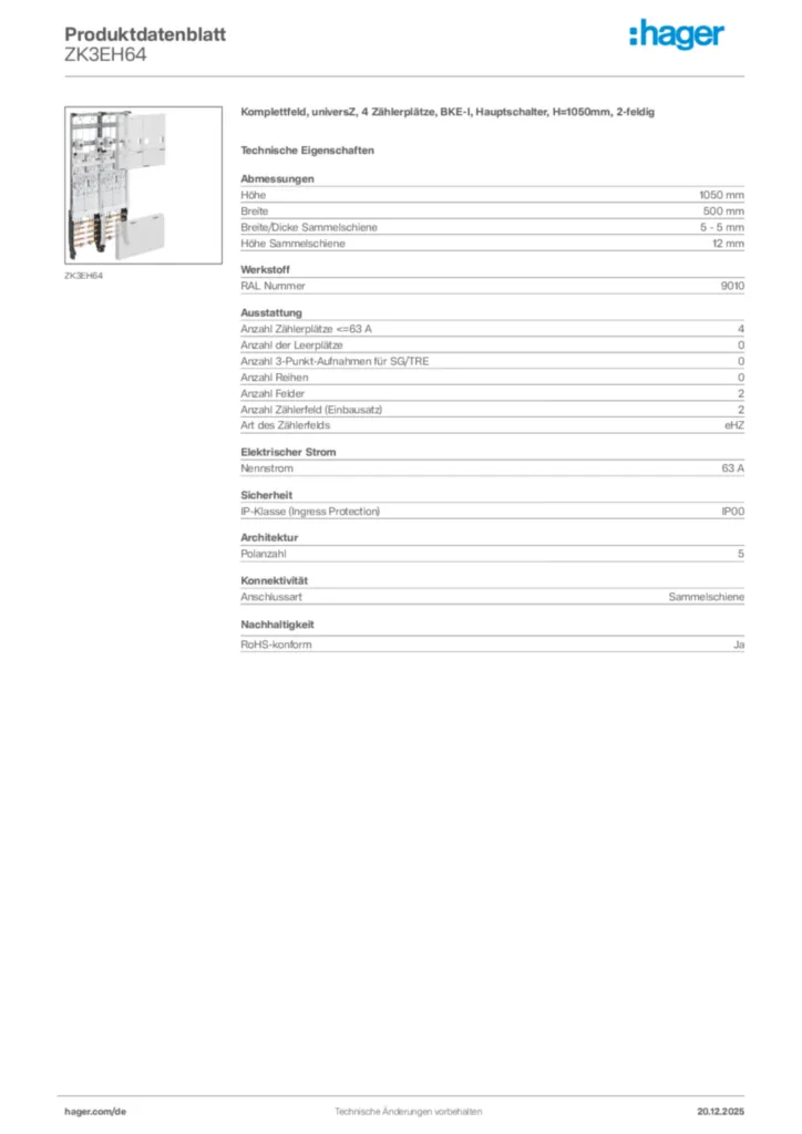 Bild Hager Produktdatenblatt ZK3EH64 | Hager Deutschland