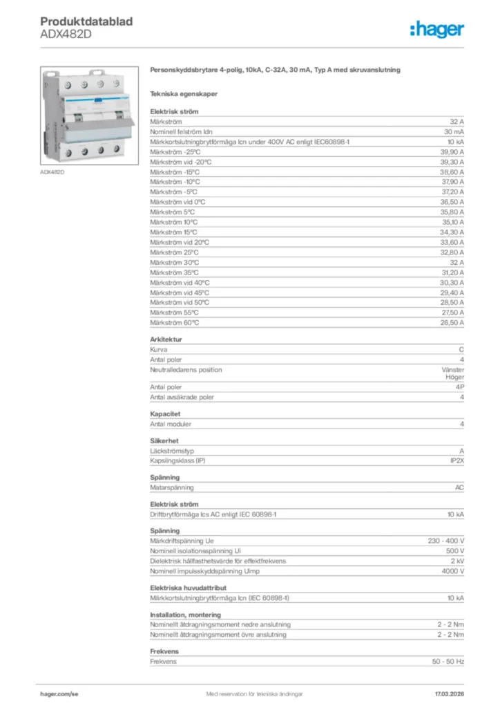 Bild Hager Produktdatablad ADX482D | Hager Sverige