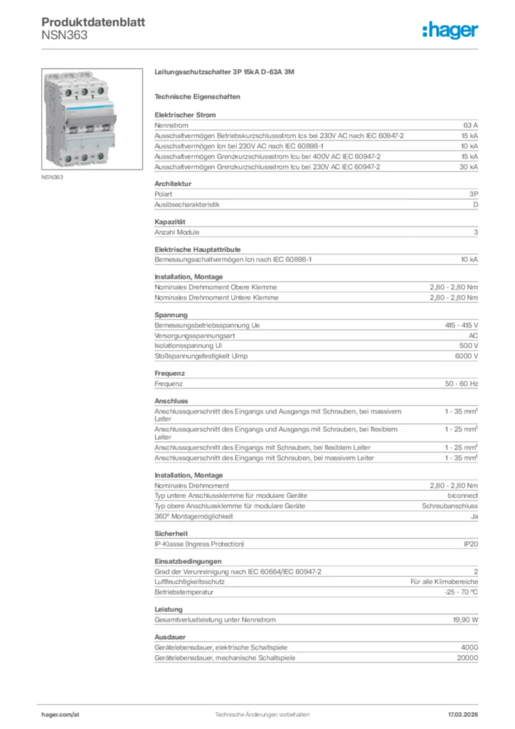 Bild Hager Produktdatenblatt NSN363 | Hager Deutschland