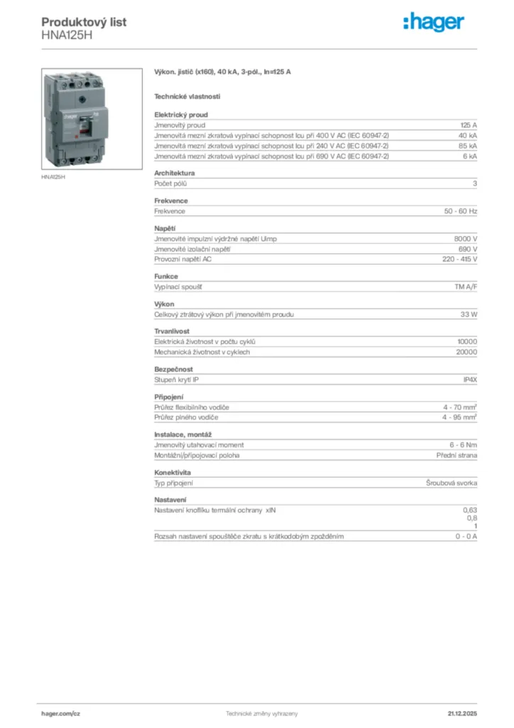 Obrázek Hager Produktový list HNA125H | Hager