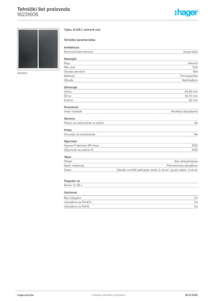 Slika Hager Product data sheet 16231606  | Hager