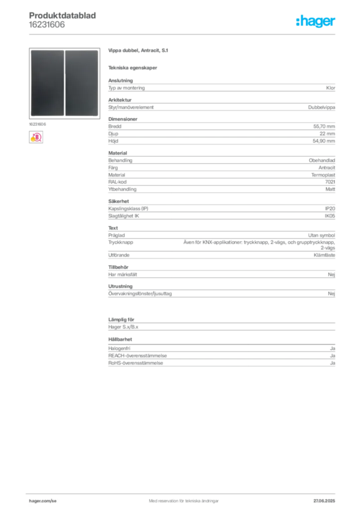 Bild Hager Produktdatablad 16231606 | Hager Sverige