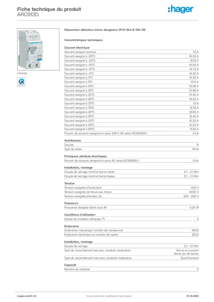 Image Hager Fiche technique du produit ARC913D | Hager Suisse