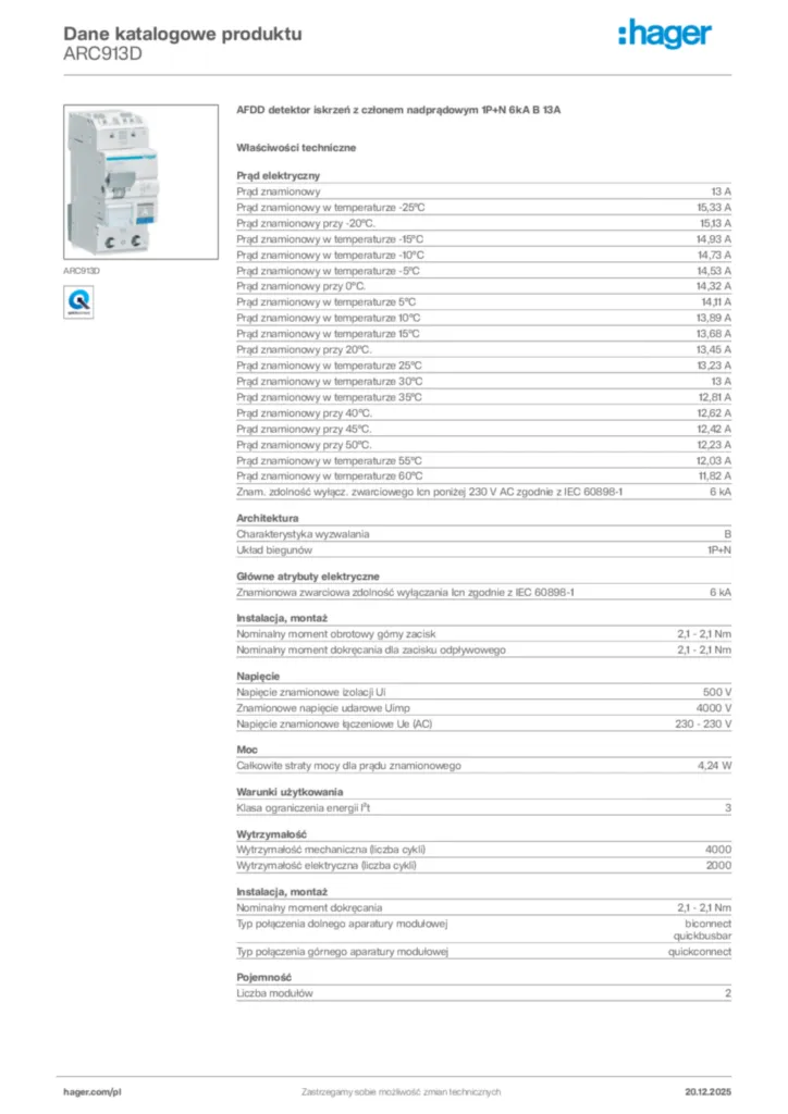 Zdjęcie Hager Dane katalogowe produktu ARC913D | Hager Polska