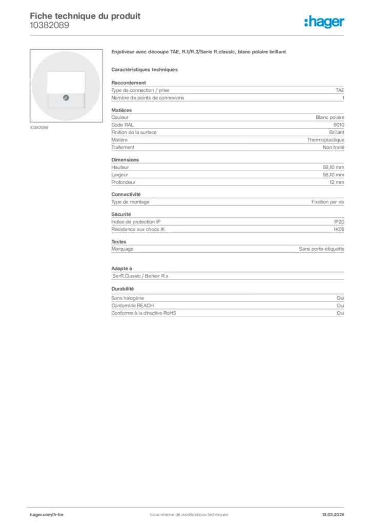 Image Hager Fiche technique du produit 10382089 | Hager Belgique