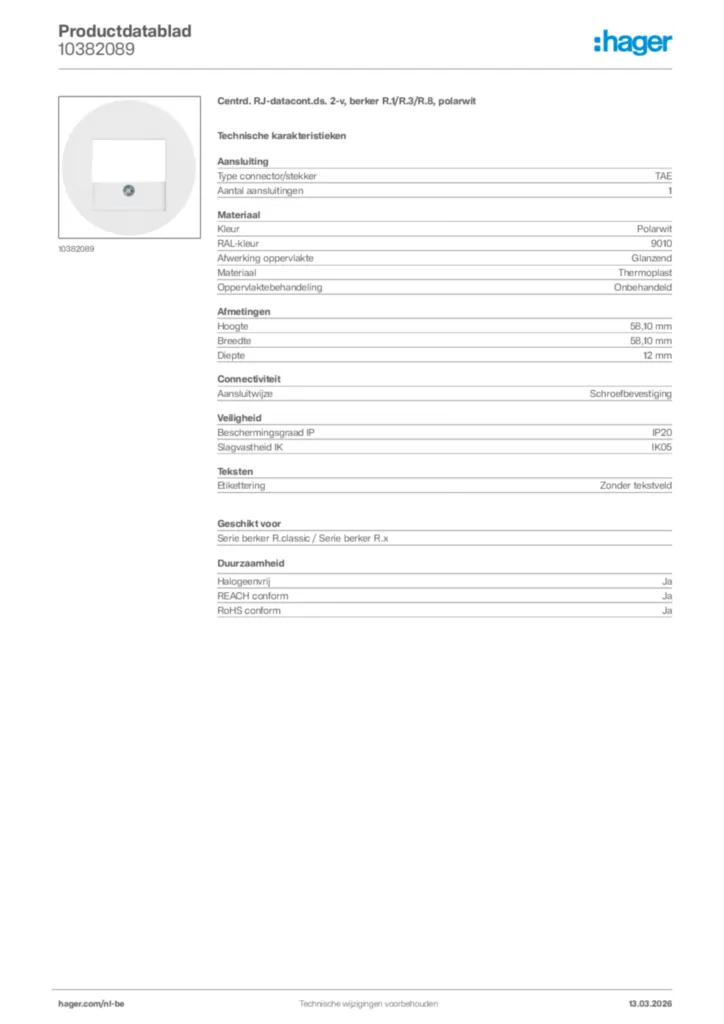 Afbeelding Hager Productdatablad 10382089 | Hager Belgium