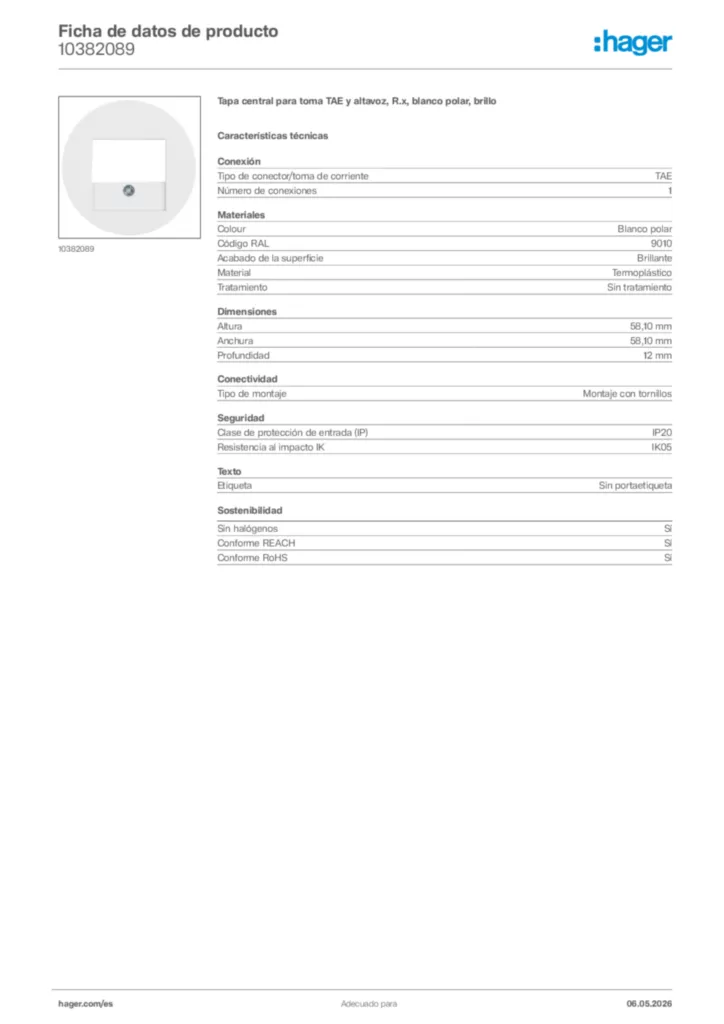 Imagen Hager Ficha de datos de producto 10382089 | Hager España