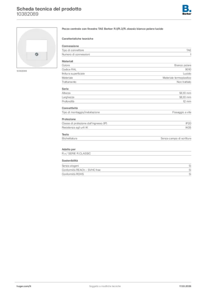 Immagine Berker Scheda tecnica del prodotto 10382089 | Hager Italia