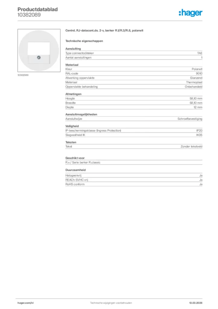 Afbeelding Hager Productdatablad 10382089 | Hager Nederland