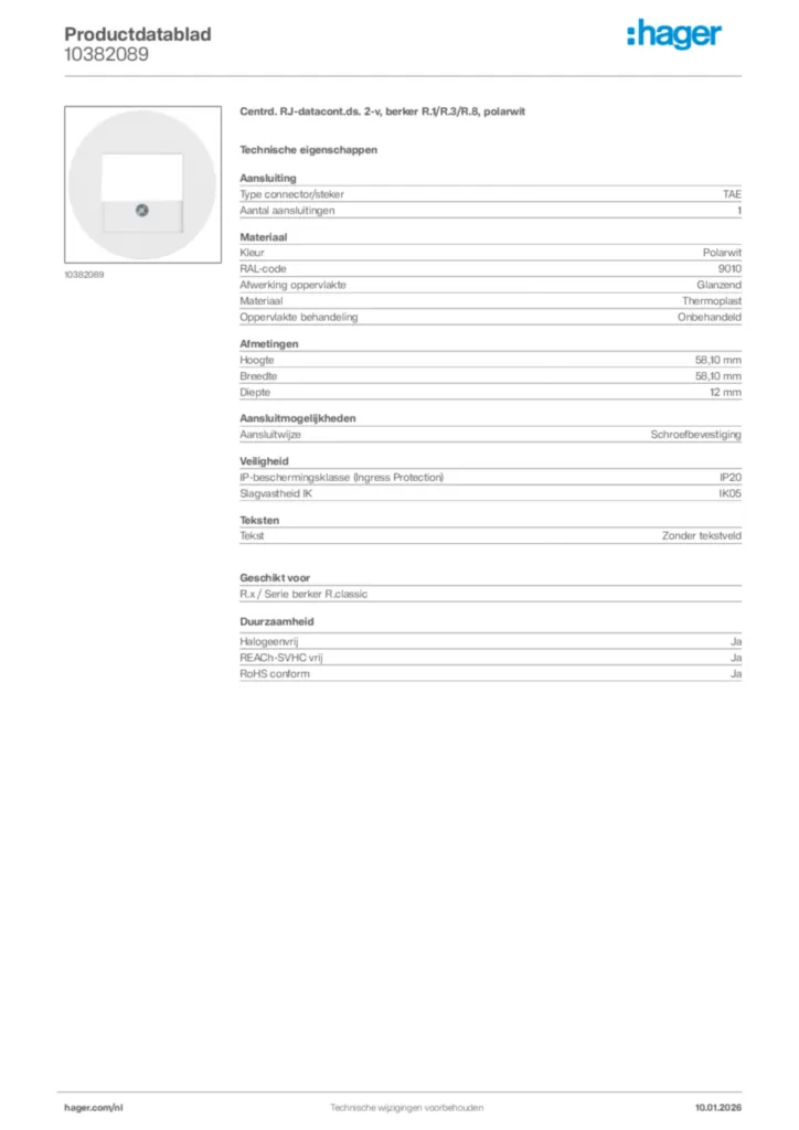 Afbeelding Hager Productdatablad 10382089 | Hager Nederland