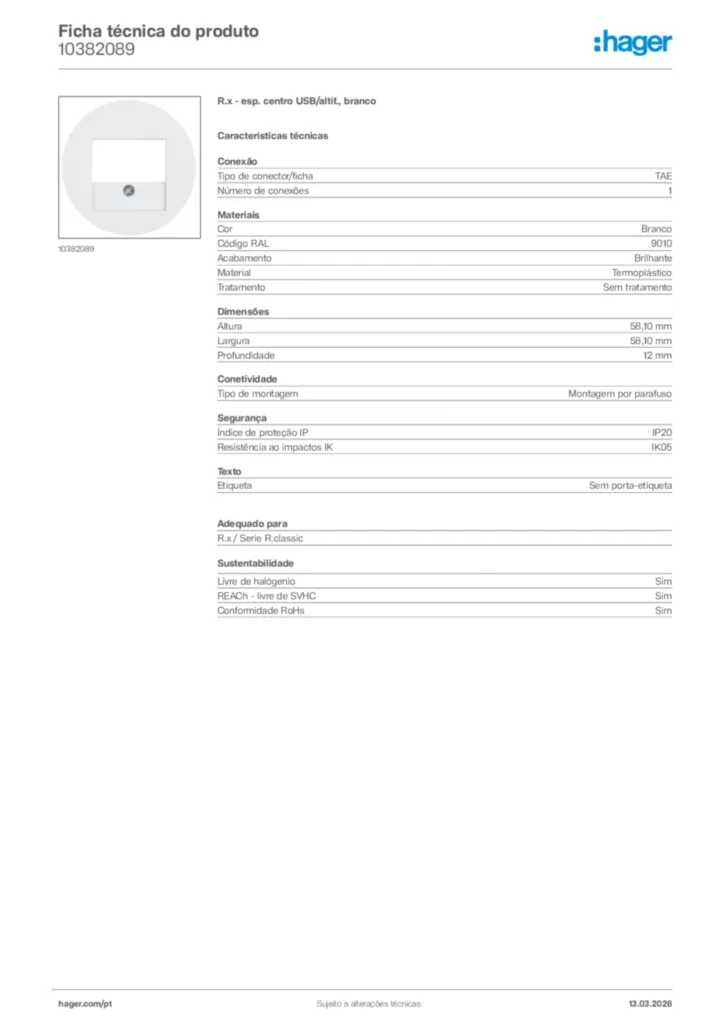 Imagem Hager Ficha técnica do produto 10382089 | Hager Portugal