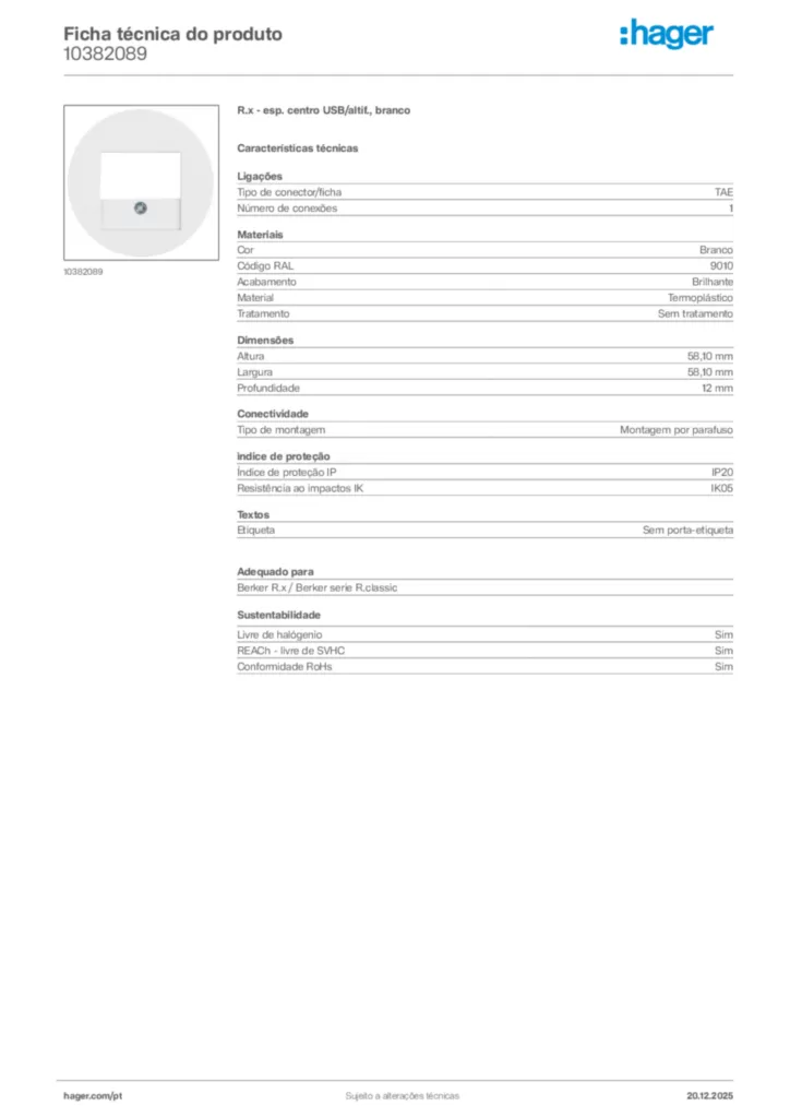 Imagem Hager Ficha técnica do produto 10382089 | Hager Portugal