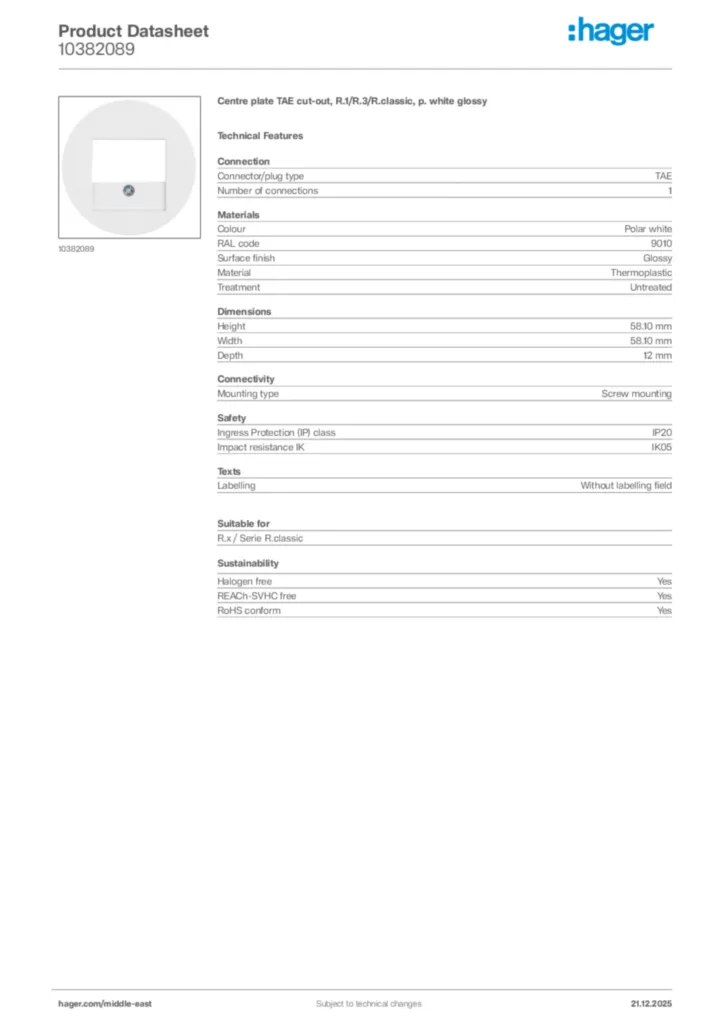 Image Hager Product data sheet 10382089  | Hager