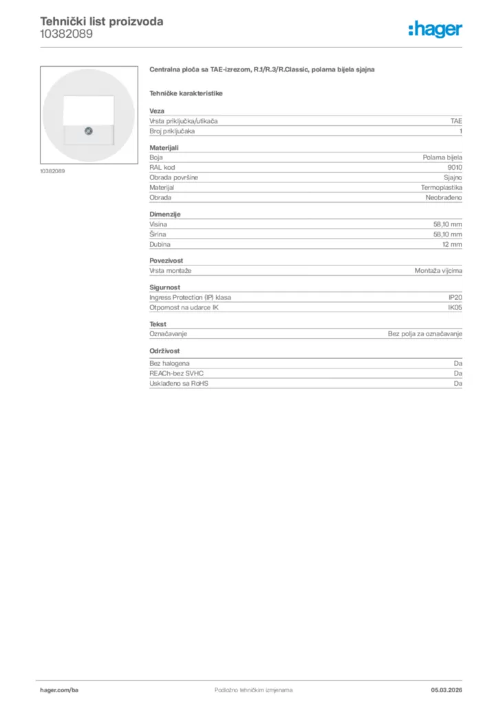 Slika Hager Tehnički list proizvoda 10382089  | Hager